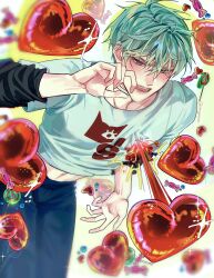 Rule 34 | 1boy, alien stage, balloon, black shirt, bleeding, blood, blush, candy, claw pose, commentary, english commentary, food, green hair, grey eyes, hair between eyes, hand up, heart, heart balloon, heart out of chest, highres, layered shirt, lollipop, male focus, messy hair, midriff, motion lines, open mouth, print shirt, rorynans, shirt, short hair, sleeves rolled up, solo, sparkle, teeth, till (alien stage), toned, toned male, twitter username, upper teeth only, white shirt