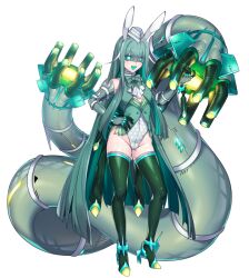 1girl :d animal_ears aqua_bow aqua_bowtie aqua_hair blue_eyes bow bowtie bright_pupils celesteela colored_inner_hair covered_navel elbow_gloves fang full_body gen_7_pokemon gloves green_thighhighs hair_between_eyes hand_on_own_hip high_heels highleg highleg_leotard katagiri_hachigou leotard multicolored_hair nintendo open_mouth personification playboy_bunny pokemon rabbit_ears simple_background skin_fang smile solo striped_bow striped_bowtie striped_clothes thighhighs two-tone_hair ultra_beast v-shaped_eyebrows white_background white_headwear white_pupils