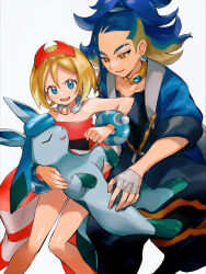 1boy 1girl adaman_(pokemon) aqua_eyes bare_legs blonde_hair blue_coat blue_hair bracelet brown_eyes coat collar collarbone commentary_request earrings eyebrow_cut eyelashes gen_4_pokemon glaceon hairband hand_wraps highres irida_(pokemon) jewelry looking_down nintendo open_mouth orange_mikan pokemon pokemon_(creature) pokemon_legends:_arceus ponytail shirt smile strapless strapless_shirt teeth tongue waist_cape