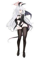 Rule 34 | 1girl, ahoge, alternate costume, black bow, black bowtie, black jacket, black panties, black thighhighs, blue archive, blush, bow, bowtie, braid, breasts, cleavage, commentary request, demon girl, demon tail, demon wings, detached collar, floating hair, full body, grey hair, hair bow, hair intakes, halo, haruna (blue archive), heart, highres, jacket, large breasts, long hair, long sleeves, looking to the side, nontraditional playboy bunny, open clothes, open jacket, open mouth, panties, pink bow, red eyes, red halo, side-tie panties, simple background, single braid, single wing, solo, standing, straight hair, tail, thighhighs, thighs, tsurime, umber00, underwear, v arms, very long hair, white background, wings