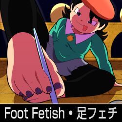 1girl adeleine aged_up arms_at_sides artist_name barefoot beret between_toes black_eyes black_hair black_leggings breasts collared_shirt english_text feet female_focus flip-flops focused foot_focus full_body hat highres holding_with_feet japanese_text kirby_(series) knee_up knees leggings leggings_under_skirt legs long_sleeves looking_down matching_hair/eyes medium_hair miniskirt nail_polish neck night night_sky nintendo outstretched_leg paintbrush painting_(action) painting_(object) purple_toenails red_hat sandals shirt sidelocks sitting skirt sky small_breasts star_(sky) starry_sky swept_bangs thighs toenail_polish toenails tongue tongue_out unworn_sandals