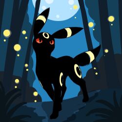 Rule 34 | black eyes, blue sky, bush, colored sclera, flat color, full body, full moon, gen 2 pokemon, grass, highres, meloettachuuuuu, moon, night, nintendo, no humans, outdoors, pokemon, pokemon (creature), red sclera, sky, solo, tree, umbreon