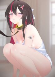 1girl arm_tattoo azki_(hololive) bare_shoulders blurry blurry_background blush breasts brown_hair camisole cleavage cohi27151463 colored_inner_hair hair_ornament highres hololive indoors leash long_hair looking_at_viewer medium_breasts mole mole_under_eye multicolored_hair pink_eyes pink_hair sideboob solo squatting streaked_hair tattoo thighs two-tone_hair virtual_youtuber white_camisole yellow_collar