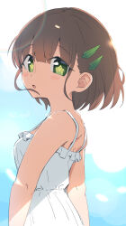 1girl blue_background blunt_bangs blush brown_hair commentary_request dress gradient_background green_eyes hair_ornament hairclip highres looking_at_viewer medium_hair okura-chan_(at_nya5) okura-chan_(at_nya5)_(character) open_mouth original solo star-shaped_pupils star_(symbol) symbol-shaped_pupils white_dress