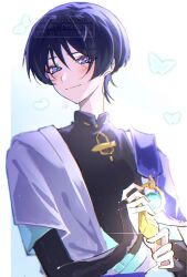 1boy anemo_symbol_(genshin_impact) aqua_butterfly aqua_gemstone aqua_kimono aqua_sleeves black_bodysuit black_bridal_gauntlets blunt_ends blush bodysuit border bridal_gauntlets bug butterfly cape closed_mouth curled_fingers eyeliner eyeshadow feathers gem genshin_impact glint glowing_butterfly gold gold_ring hands_up highres holding holding_feather insect japanese_clothes juban kimono layered_sleeves makeup male_focus mandarin_collar middle_ring nero_hanken open_clothes open_kimono purple_cape purple_eyes purple_hair red_eyeliner red_eyeshadow scaramouche_(genshin_impact) short_sleeves shoulder_peek smile solo upper_body vision_(genshin_impact) wanderer_(genshin_impact) watermark white_background white_border white_kimono white_sleeves wispy_bangs yellow_feathers