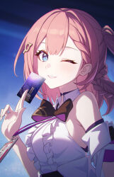 1girl absurdres asta_(honkai:_star_rail) bare_shoulders blue_eyes blush bow bowtie braid hair_ornament highres holding honkai:_star_rail honkai_(series) id_card looking_at_viewer one_eye_closed one_side_up pink_hair shali shirt sleeveless sleeveless_shirt smile solo upper_body white_shirt