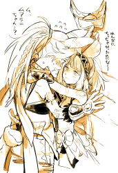 2girls against_wall aged_up animal_ears arm_tattoo bandaid bandaid_on_face bandaid_on_nose bare_shoulders blush braid closed_mouth clothing_cutout eye_contact face-to-face flying_sweatdrops genshin_impact gloves hairband hand_on_another&#039;s_shoulder height_difference highres holding holding_unworn_clothes imminent_kiss kachina_(genshin_impact) light_smile long_hair looking_at_another monochrome mualani_(genshin_impact) multiple_girls nervous nervous_smile nervous_sweating nose_blush open_mouth scarf shoulder_tattoo smile swear sweat tail tail_through_clothes takishima_asaka tall_female tattoo translation_request unworn_clothes unworn_headwear very_long_hair yuri