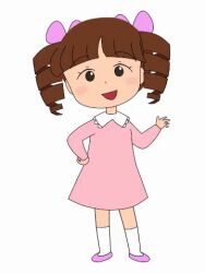 1girl :d aged_down animated animated_gif black_eyes blunt_bangs bow brown_hair chibi_maruko-chan child dress drill_hair gift_art hair_bow hand_on_own_hip hand_up jougasaki_himeko long_hair lowres multiple_hair_bows no_sclera open_mouth parted_bangs pink_bow pink_dress pink_shoes shoes smile socks standing twin_drills twintails yamanokonza