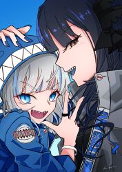 2girls absurdres artemis_of_the_blue atelier_live black_hair blue_background blue_eyes blue_jacket blue_nails blue_tongue blunt_bangs character_name colored_tongue eyes_visible_through_hair gawr_gura grey_jacket hair_ribbon hand_on_another&#039;s_head highres hololive hololive_english hood hood_up jacket multicolored_hair multiple_girls open_mouth ribbon shark_girl shark_print sharp_teeth teeth two-tone_hair upper_body v virtual_youtuber white_hair yupiteru_(6m10cm)