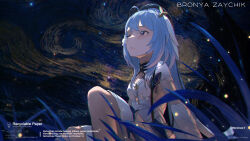 1girl ahoge beret blue_hair cong_xiang_huanxiong dress flower grass griseo griseo_(starry_impression) hair_flower hair_ornament hat highres honkai_(series) honkai_impact_3rd long_hair night night_sky outdoors purple_eyes sky solo star_(sky) starry_sky very_long_hair white_dress white_flower