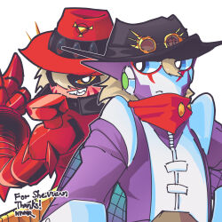 Rule 34 | appmon, blue eyes, digimon, digimon (creature), hat, highres, magnakidmon, sateramon, scarf, sharp teeth, teeth, yellow eyes