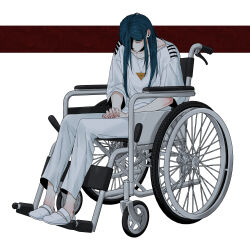 1boy absurdres alternate_hair_length alternate_hairstyle blue_hair closed_mouth full_body hair_over_one_eye highres long_hair looking_at_viewer looking_down maelo male_focus meguriya_ayumu own_hands_together pants shirt shoes sitting solo toshi_densetsu_kaitai_center triangle_necklace wheelchair white_pants white_shirt white_shoes yellow_eyes