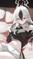 1girl absurdres arm_support black_hair black_horns black_shirt blue_archive bra bra_strap breasts closed_mouth commentary_request cowboy_shot crop_top cropped_shirt crossed_bangs day dolphin_shorts double-parted_bangs expressionless grey_halo grey_shorts hair_between_eyes halo hand_up headphones headphones_around_neck highres holding holding_pen horns indoors kayoko_(blue_archive) large_breasts light_blush long_bangs long_sleeves looking_at_viewer lying midriff multicolored_hair navel off-shoulder_shirt off_shoulder on_bed pen pillow re_naya red_eyes shirt shorts solo stomach strap_slip streaked_hair sunlight underwear white_bra white_hair