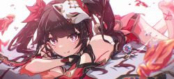 1girl :p bare_shoulders bell black_choker bloodzmoon breasts brown_hair choker dress fish fox_mask gloves goldfish highres honkai:_star_rail honkai_(series) long_hair looking_at_viewer lying mask mask_on_head mole mole_under_eye neck_bell on_stomach pink_eyes red_dress red_eyes smile solo sparkle sparkle_(honkai:_star_rail) tongue tongue_out twintails