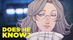 1boy aotsuki_eito closed_mouth derivative_work does_he_know?_(meme) drawstring english_text eyelashes glasses grey_hair highres long_hair looking_at_viewer male_focus meme parted_hair photo_background purple_eyes screenshot_redraw simple_background solo solo_focus the_hundred_line_-last_defense_academy-