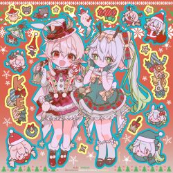 2girls aranara_(genshin_impact) bell black_footwear blonde_hair bloomers boots bow candy character_name christmas christmas_wreath dodoco_(genshin_impact) dress fake_antlers food genshin_impact green_eyes green_hair green_headwear grey_hair hair_bow hat highres holly kkopoli klee_(genshin_impact) lollipop long_hair looking_at_viewer low_twintails mittens multicolored_hair multiple_girls multiple_views nahida_(genshin_impact) one_eye_closed open_mouth pointy_ears ponytail red_eyes red_footwear red_headwear ribbon santa_costume santa_hat side_ponytail snowflakes socks star_(symbol) stuffed_animal stuffed_toy teddy_bear twintails underwear very_long_hair white_bloomers white_socks wreath