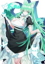 1girl alternate_costume animal_ears arknights cat_ears cat_girl cat_tail cowboy_shot green_hair harmonie_(arknights) henz maid simple_background solo tail thigh_gap white_background