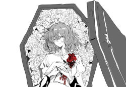1girl blood blood_on_clothes brooch chinese_commentary closed_eyes closed_mouth coffin commentary_request death flower hair_between_eyes hand_on_own_chest jewelry juliet_sleeves long_sleeves lying medium_hair monochrome on_back original own_hands_together puffy_sleeves qyzhiaiyisheng red_flower red_rose remilia_scarlet rose solo spot_color upper_body white_flower
