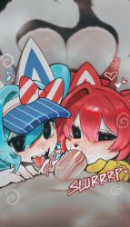 absurdres animal_ears cat_ears cat_tail fellatio group_sex hatsune_miku highres kasane_teto mesmerizer_(vocaloid) non-web_source oral pov tail taker_pov threesome vocaloid
