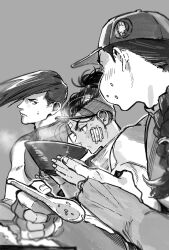 Rule 34 | 3boys, aged down, bandaid, bandaid on face, bare shoulders, baseball cap, bowl, braid, bridal gauntlets, brothers, bruise, bruise on face, drinking from bowl, eating, food, food on face, gauze, gauze on cheek, grey background, greyscale, hat, highres, holding, holding bowl, holding spoon, injury, jamie siu, kastrachang, long bangs, long braid, long hair, looking at another, looking at food, male focus, monochrome, multiple boys, rice, siblings, simple background, single braid, spoon, street fighter, street fighter 6, street fighter iii (series), sweat, sweatdrop, twins, upper body, yang lee, yun lee