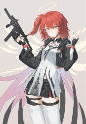 1girl absurdres arknights black_gloves black_jacket black_shorts chinese_commentary commentary_request cropped_jacket dress energy_wings exusiai_(arknights) exusiai_the_new_covenant_(arknights) feet_out_of_frame fingerless_gloves gloves grey_background gun halo hands_up highres holding holding_gun holding_weapon hood hooded_jacket jacket kriss_vector looking_at_viewer one_side_up red_eyes shorts shorts_under_dress simple_background smile solo submachine_gun suppressor thigh_strap thighhighs traditional_halo weapon weapon_request white_dress white_thighhighs yellow_eyes yu_juan