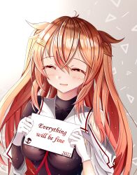 1girl 2022 absurdres black_ribbon breasts brown_hair chinese_commentary closed_eyes commentary crying english_commentary english_text facing_viewer gloves hair_between_eyes hair_flaps hair_ornament hair_ribbon hairclip happy_new_year highres holding holding_sign kantai_collection large_breasts long_hair mixed-language_commentary murasame_(kancolle) murasame_kai_ni_(kancolle) new_year ribbon sign smile solo two_side_up upper_body white_gloves zangetsu_yuki_yuki