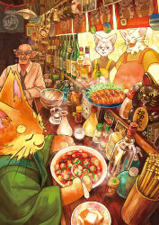 3boys alcohol animal apron bald beard black_necktie bottle bowl cat chopsticks closed_eyes clothed_animal collared_shirt cup drinking_glass eating facial_hair food furry glasses highres holding holding_bottle holding_bowl holding_spoon indoors izakaya lamp light_bulb long_sleeves maneki-neko multiple_boys mustache necktie old old_man open_mouth original plate pointy_ears poster_(object) sake shirt smile spoon steam table turtleneck whiskers white_shirt yellow_shirt yukoiwase