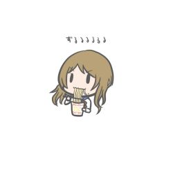 1girl assault_lily bow bowtie brown_hair chibi chopsticks closed_mouth cropped_torso cup_ramen eating food food_on_face hands_up happa_no_tanupon herensuge_girls_academy_school_uniform holding holding_chopsticks holding_food holding_with_chopsticks iijima_renka jacket long_sleeves looking_ahead low_side_ponytail red_bow red_bowtie school_uniform side_ponytail simple_background solid_oval_eyes solo translated upper_body v-shaped_eyebrows wavy_mouth white_background white_jacket