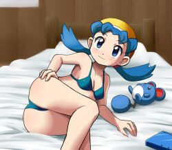 1girl aqua_bikini ass bikini blue_eyes blue_hair blush breasts character_doll closed_mouth collarbone commentary_request doll eyelashes gen_2_pokemon hand_on_own_ass hat highres kris_(pokemon) long_hair looking_up lying marill nintendo on_bed on_side pillow pokemon pokemon_gsc smile solo swimsuit takamame thighs twintails yellow_hat