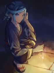 Rule 34 | 1boy, blue eyes, blue hair, closed mouth, collarbone, commentary request, fireworks, grusha (pokemon), hand up, happy, holding, holding fireworks, japanese clothes, kimono, male focus, min (myna8247), night, nintendo, outdoors, pokemon, pokemon sv, sandals, shadow, smile, solo, sparkler, squatting, toes