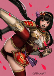 armor ass black_hair boots breasts brown_eyes cleavage ii_naotora kicking large_breasts leg_up long_hair mitsuya mole mole_on_breast open_mouth panties petals red_panties red_thighhighs sengoku_musou standing standing_on_one_leg thighhighs thighs twintails underwear upskirt