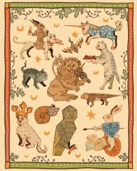 1boy animal animal_focus balding beard bird border crescent crown dog facial_hair full_body highres holding holding_instrument holding_reins holding_violin instrument leaf lion lizard medieval meme original ornate_border plant rabbit reins ren_nolasco riding shield snail snail_shell standing star_(symbol) unicorn vines violin warm_colored wolf