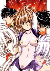 2boys 3girls arm_up bishounen black_hair bodysuit breasts breasts_apart brother_and_sister brown_eyes brown_hair cameltoe carol_(chirality) chirality cleft_of_venus collarbone covered_navel cowboy_shot dual_persona female_pubic_hair hair_over_eyes headband highres impossible_bodysuit impossible_clothes large_breasts lipstick long_hair looking_at_viewer looking_to_the_side makeup multiple_boys multiple_girls no_bra no_panties official_art parted_lips patty_(chirality) pubic_hair pussy scan see-through_clothes shiori shiori_(chirality) shizuma_(chirality) short_hair siblings skin_tight sparkle star_(symbol) turtleneck uncensored urushihara_satoshi white_hair