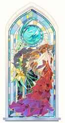 1girl aerith_gainsborough aerith_gainsborough_(red_dress) armlet artist_name back_bow backless_dress backless_outfit bare_shoulders bow breasts brown_hair cat_princess closed_eyes closed_mouth dress final_fantasy final_fantasy_vii final_fantasy_vii_remake fireworks flamenco_dress flower frilled_dress frills full_body hair_flower hair_ornament hair_ribbon highres jewelry lily_(flower) long_dress long_hair materia medium_breasts official_alternate_costume parted_bangs ponytail red_flower red_ribbon ribbon ringlets sidelocks smile solo stained_glass strapless strapless_dress wavy_hair white_flower yellow_flower