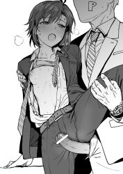 1boy 1girl :o bar_censor belt blush breasts censored collared_shirt diagonal-striped_clothes diagonal-striped_necktie erection faceless faceless_male formal_clothes greyscale half-closed_eyes hetero highres idolmaster idolmaster_(classic) jacket kikuchi_makoto leg_lift monochrome necktie nipples open_clothes open_jacket open_mouth open_shirt pants penis producer_(idolmaster) shirt short_hair simple_background standing striped_clothes suit tsurui watch white_background wristwatch