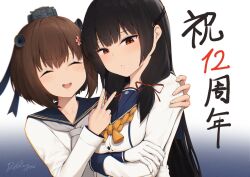 2girls black_hair brown_hair cherry_blossoms closed_eyes dress driftkingtw flower gloves grey_neckerchief hair_flower hair_ornament hair_ribbon headgear highres isokaze_(kancolle) kantai_collection long_hair long_sleeves looking_at_viewer multiple_girls neckerchief red_eyes ribbon sailor_dress school_uniform serafuku short_hair speaking_tube_headset tress_ribbon v white_gloves yellow_neckerchief yukikaze_(kancolle) yukikaze_kai_ni_(kancolle)