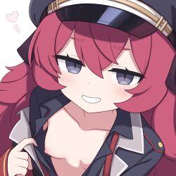 1girl absurdres blue_archive breasts cleavage flashing from_above grey_hair grin hat heart highres iroha_(blue_archive) loli long_hair looking_at_viewer military_uniform nipples peaked_cap petite pov pulling_own_clothes red_hair slit_pupils small_breasts small_nipples smile solo unbuttoned unbuttoned_shirt up very_long_hair wavy_hair zddma20