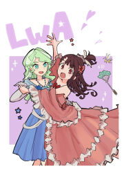 2girls :d arm_up blue_dress blue_eyes bow bowtie brown_hair chya_dan_go12 dancing diana_cavendish dress elbow_gloves evening_gown gloves green_hair grey_gloves jewelry kagari_atsuko little_witch_academia long_dress long_hair multicolored_hair multiple_girls necklace one_side_up open_mouth pink_dress pink_sash red_bow red_bowtie red_eyes sash sketch smile two-tone_hair white_hair