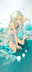 absurdres aqua_eyes arm_support arm_up barefoot black_tank_top grey_background grey_hair highres ichika_(ichika87) kneeling long_hair open_mouth original see-through_clothes tank_top very_long_hair water