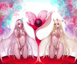 2girls blonde_hair blood breasts demon_girl demon_wings grey_hair hair_censor hair_over_breasts highres horns large_breasts long_hair multiple_girls navel nude one_eye_closed oni original red_eyes single_horn very_long_hair wings wookyung yellow_eyes