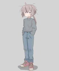 1girl brown_hair chill_guy_(phillip_banks) chill_guy_(phillip_banks)_(cosplay) cosplay denim full_body girls&#039;_frontline grey_background grey_sweater hands_in_pockets highres jeans just_a_chill_guy_(meme) m200_(girls&#039;_frontline) meme pants purple_eyes smart_oval solo standing sweater