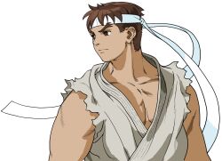 Rule 34 | 1boy, bengus, brown eyes, brown hair, dougi, forked eyebrows, game cg, headband, highres, looking to the side, male focus, muscular, muscular male, non-web source, official art, ryu (street fighter), short hair, simple background, solo, street fighter, street fighter zero (series), thick eyebrows, v-shaped eyebrows, white background, white headband