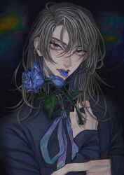 1boy black_nails black_sleeves blue_eyes blue_flower blue_rose ckshax ear_piercing earrings flower flower_in_mouth grey_hair hair_between_eyes highres holding holding_flower hoop_earrings jewelry long_hair long_sleeves looking_at_viewer male_focus nose open_mouth original parted_bangs piercing rose solo