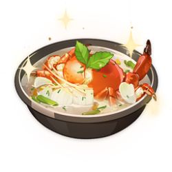 artist_request bowl commentary crab english_commentary flower food food_focus game_cg garnish genshin_impact leaf lowres mint no_humans official_art petals simple_background soup sparkle still_life third-party_source transparent_background white_flower