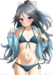 1girl bikini black_hair blue_bikini blue_eyes blue_jacket breasts cosplay front-tie_bikini_top front-tie_top gluteal_fold hood hooded_jacket jacket kantai_collection katsuragi_(kancolle) long_hair navel one-hour_drawing_challenge ponytail ray.s ribbon side-tie_bikini_bottom simple_background small_breasts solo sstanding sweat swimsuit white_background white_ribbon zuikaku_(kancolle) zuikaku_(kancolle)_(cosplay) zuikaku_(swimsuit)_(kancolle) zuikaku_kai_ni_(kancolle) zuikaku_kai_ni_(kancolle)_(cosplay)