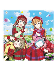 4girls artbook blue_eyes bow bowtie brown_hair dress emma_verde flower freckles green_bow green_bowtie grey_hair hat headphones heart heart_hands highres konoe_kanata long_hair looking_at_viewer love_live! love_live!_nijigasaki_high_school_idol_club lying_on_lap multiple_girls nakasu_kasumi non-web_source official_art open_mouth orange_hair pink_bow pink_bowtie pink_eyes pink_hair purple_bow purple_bowtie purple_eyes red_dress rina-chan_board short_hair sky smile tennoji_rina twintails wavy_hair yellow_bow yellow_bowtie yokota_takumi