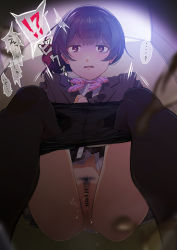 !? ...? 1girl absurdres amatsu_amaguri anus bar_censor black_hair censored cleft_of_venus clothes_pull female_pubic_hair from_below hair_ribbon highres idolmaster idolmaster_shiny_colors morino_rinze panties panty_pull panty_tag pantyhose pantyhose_pull pee peeking pubic_hair purple_eyes pussy ribbon school_uniform serafuku short_hair solo speech_bubble squatting tag translation_request underwear voyeurism wet_lens
