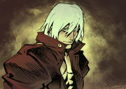 1boy abs bare_pectorals closed_mouth coat collared_coat commentary dante_(devil_may_cry) devil_may_cry_(series) english_commentary grey_eyes hair_between_eyes highres jabro_64 looking_at_viewer male_focus open_clothes open_coat parted_bangs pectorals popped_collar red_coat sanpaku smile solo upper_body white_hair
