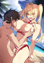 1boy 1girl ahoge bare_shoulders beach bead_bracelet beads bikini bikini_bottom_aside black_hair blonde_hair blue_sky blush bracelet breast_sucking breasts censored cleavage clothing_aside collarbone criss-cross_halter day fate/grand_order fate_(series) fujimaru_ritsuka_(male) girl_on_top grabbing_another&#039;s_breast green_eyes groping hair_between_eyes hair_intakes halterneck hetero highres jewelry large_breasts long_hair mosaic_censoring navel nero_claudius_(fate) nero_claudius_(swimsuit_caster)_(fate) nipples one_eye_closed open_mouth outdoors palm_tree penis puuzaki_puuna red_bikini sex shiny_skin shore short_hair side-tie_bikini_bottom sky straddling striped_bikini striped_clothes sweat swimsuit thighs tree twintails upright_straddle vaginal