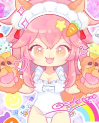 1girl animal_ears animal_hands breasts carrot_hair_ornament cleavage collarbone eyelashes fang fate/grand_order fate_(series) food food-themed_hair_ornament fox_ears fox_tail hair_between_eyes hair_ornament holding holding_food holding_ice_cream ice_cream maid_headdress odetooo one-piece_swimsuit pink_hair skin_fang swimsuit tail tamamo_(fate) tamamo_cat_(fate) white_one-piece_swimsuit